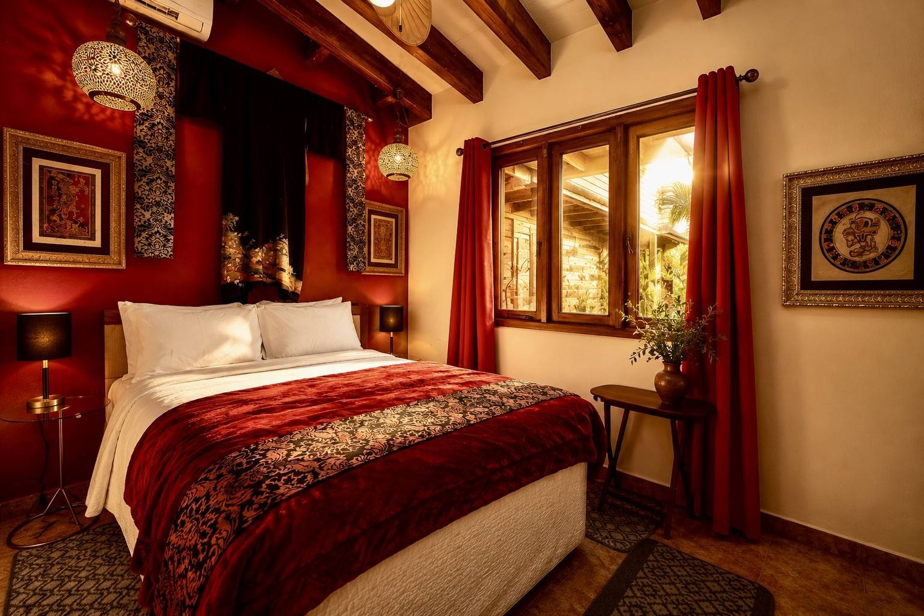 A guest room at House of Mosaic Art Villa, warm-lit at night